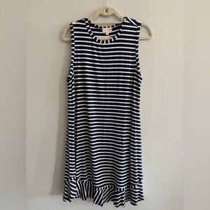 Maison Jules Navy and White Striped Sleeveless Stretchy Dress With Curved Hem